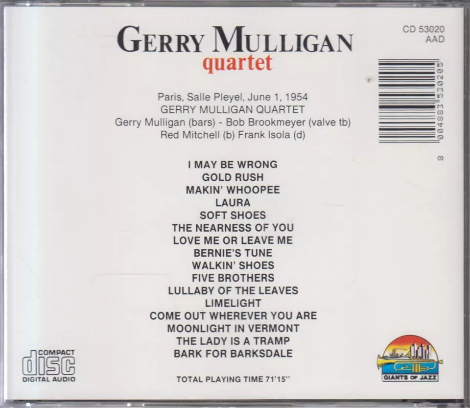 Gerry Mulligan Quartet – Paris, Salle Pleyel, June 1, 1954 (CD - 1987 - EU)